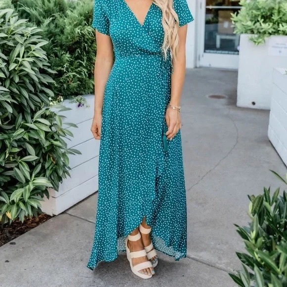 Pink Lily A Magnificent Night Teal Polka Dot Maxi Dress Size Medium - Picture 1 of 15